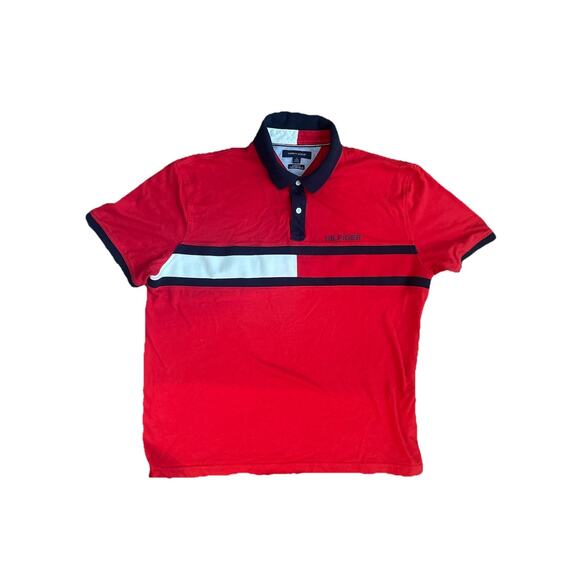 Tommy Hilfiger‎ XL Custom Fit Polo Red Blue Color block Casual Active Cotton - Picture 1 of 6